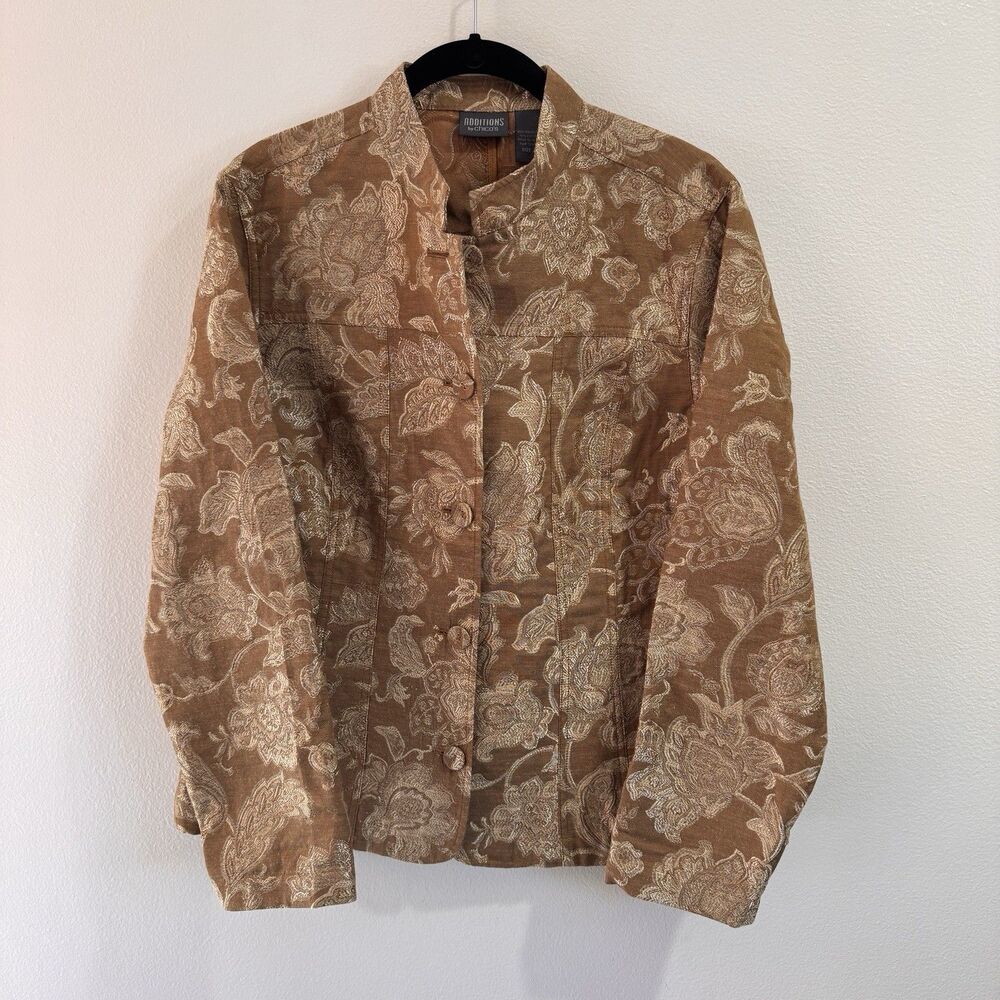 NWT Chico's Shirt Jacket Shacket 2 / L Gold Metallic Floral Jacquard Buttons